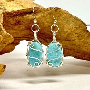 HAND CRAFTED Larimar Wire Wrapped Silver Filled Dangle Modern Earrings, Handmade